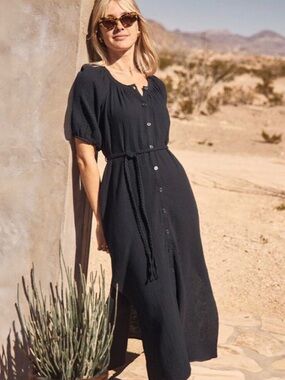 Marine Layer Erin Black Button-Front Midi Dress with Braided Tie Belt - size L